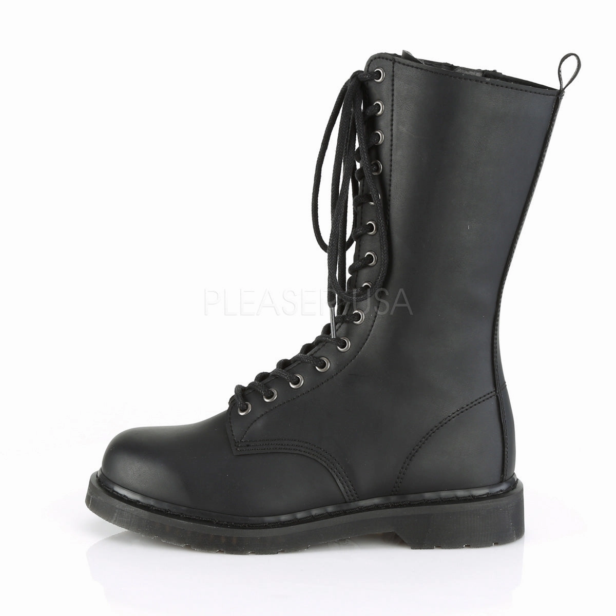 1 Inch Heel BOLT-300 Black Vegan Leather Combat Boots With Flannel