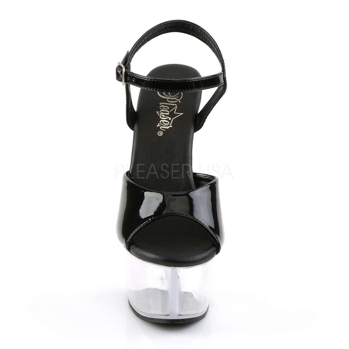 6 Inch Heel ASPIRE-609 Black Pat Clear Ripped Jeans With High Heels