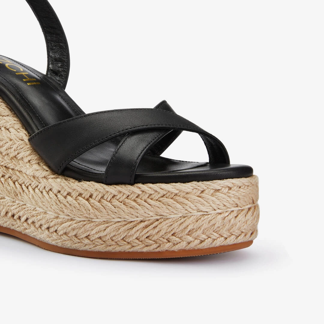 *SANLY - black x-strap espadrille Flower Pattern High Heels