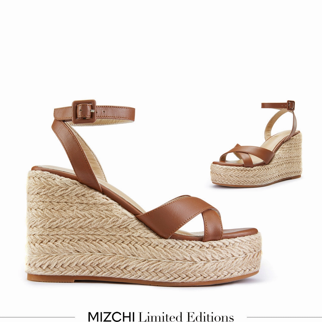 *SANLY - brown x-strap espadrille High Heel Tennis Shoes Wedge