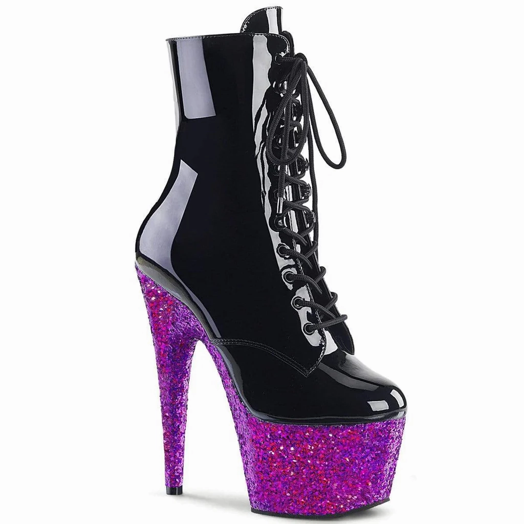 Adore-1020LG Black Patent / Purple Multi Glitter, 7" Heels (Speed Heels) Strap Sandals High Heels