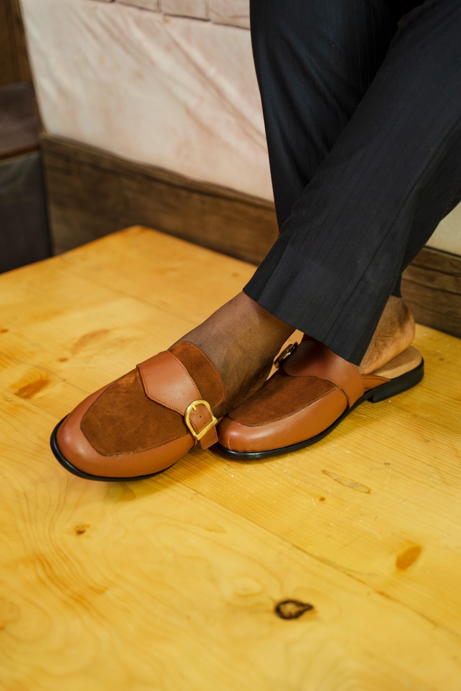 Dress Shoes Vs Casual Shoes Ajadi Half Shoes in Brown Leather with Brown Suede and Strap Buckle