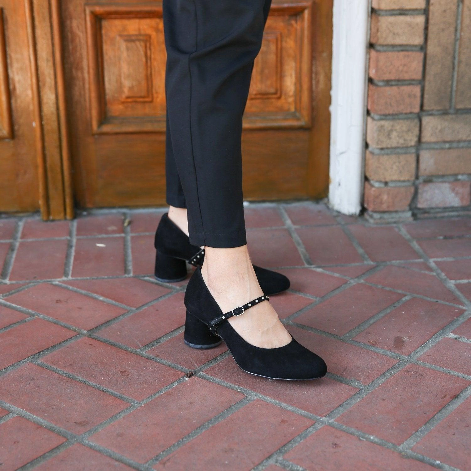 Black Suede Ballet Pump   Studded Twiggy Strap Ballerina High Heels