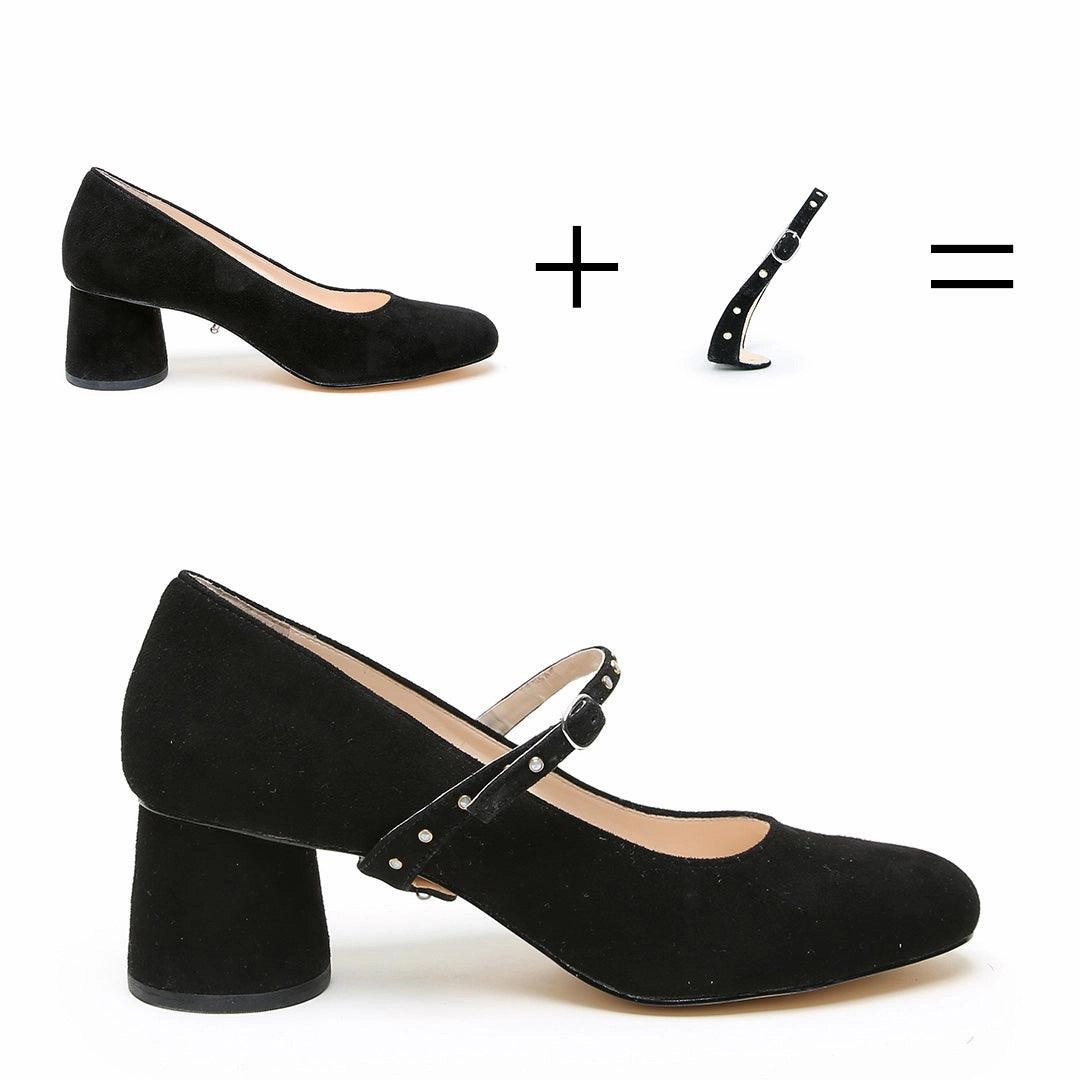 Draw A High Heel Black Suede Ballet Pump   Studded Twiggy Strap