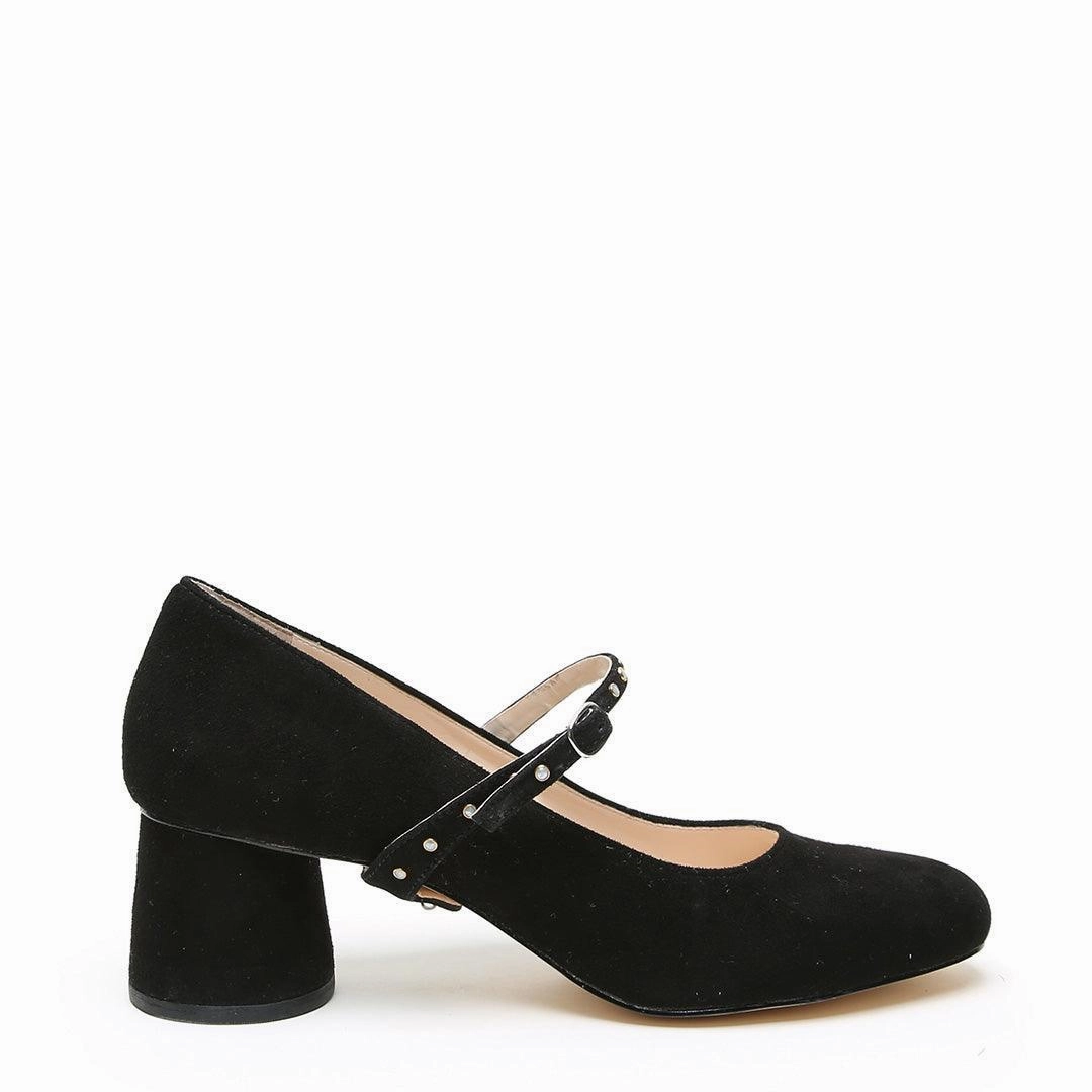 High Heels Pron Black Suede Ballet Pump   Studded Twiggy Strap
