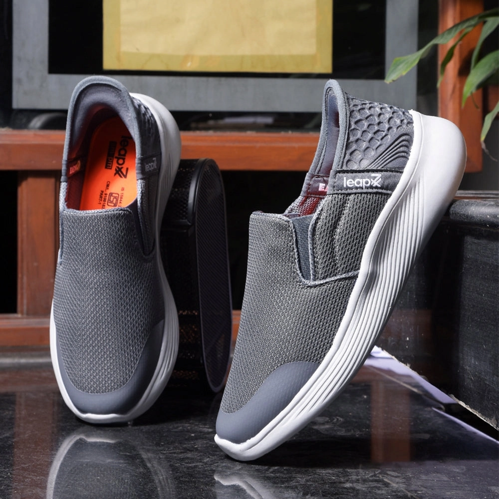 Leap7x Dark Grey Sports Non Lacing Walking Shoes For Men EZZAR-1 By Liberty Walking Shoes Arch Support
