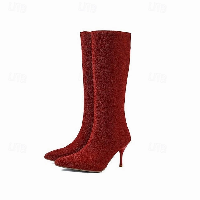  Knee-High Women's Sparkly Stiletto Elegant Boots