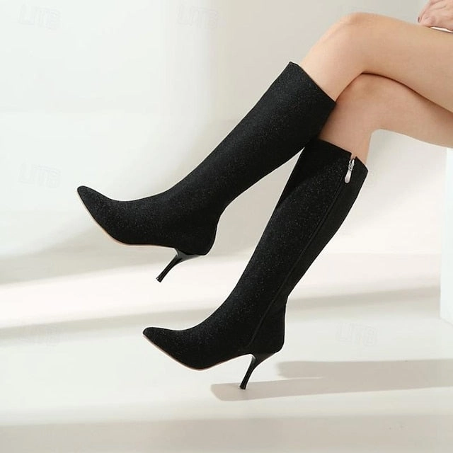 Knee High Boots Outfit 2022  Knee-High Women's Sparkly Stiletto Elegant Boots