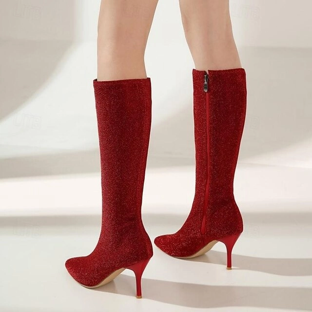  Knee-High Women's Sparkly Stiletto Elegant Boots