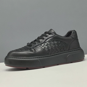 Flat Closed In Shoes Men's Plain Black Plaited Leather Flat Casual Shoes