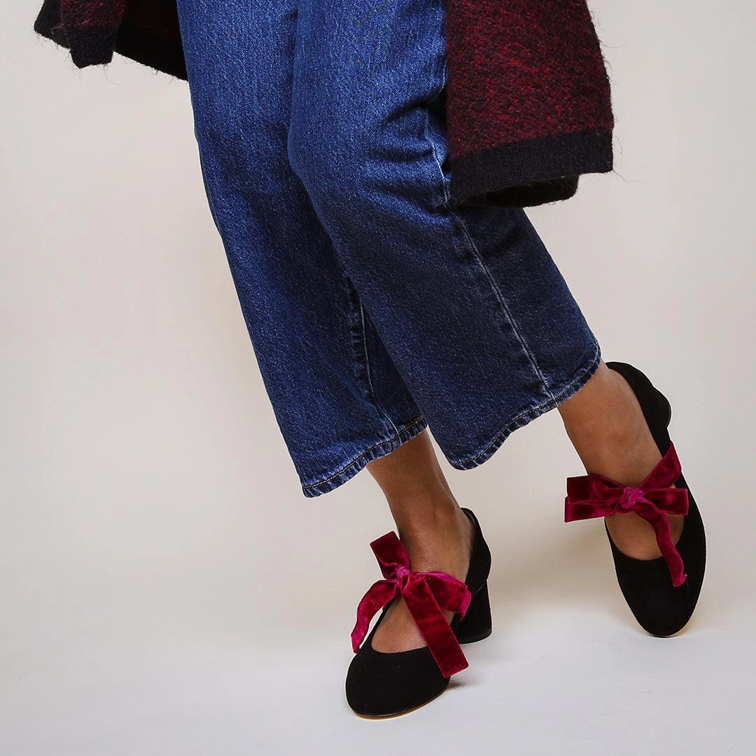 Slingback High Heel Shoes Black Suede Ballet Pump   Red Velvet Marie Strap