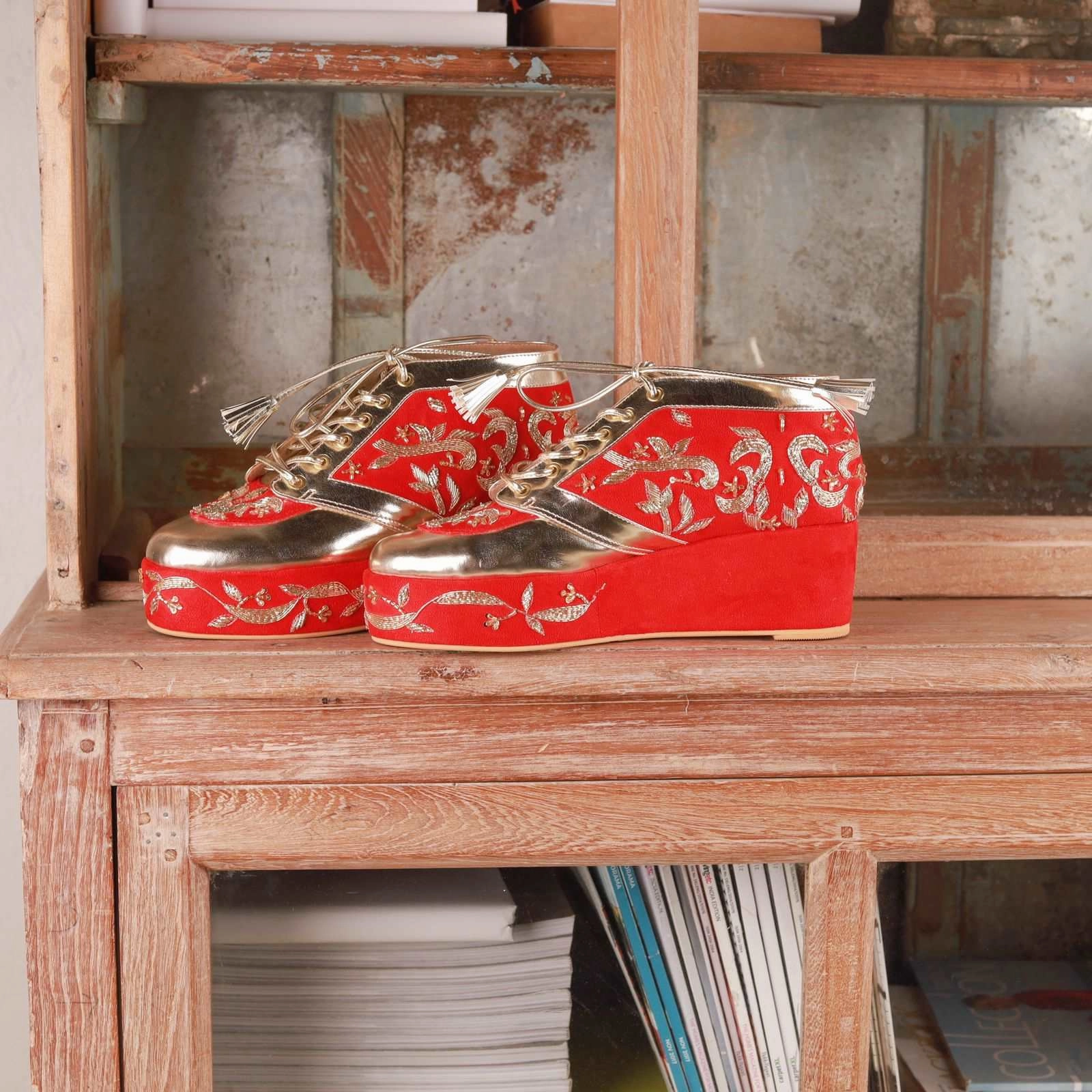 Premium Casual Shoes Begum (Gold Wedding sneakers Customised Red Shoes)