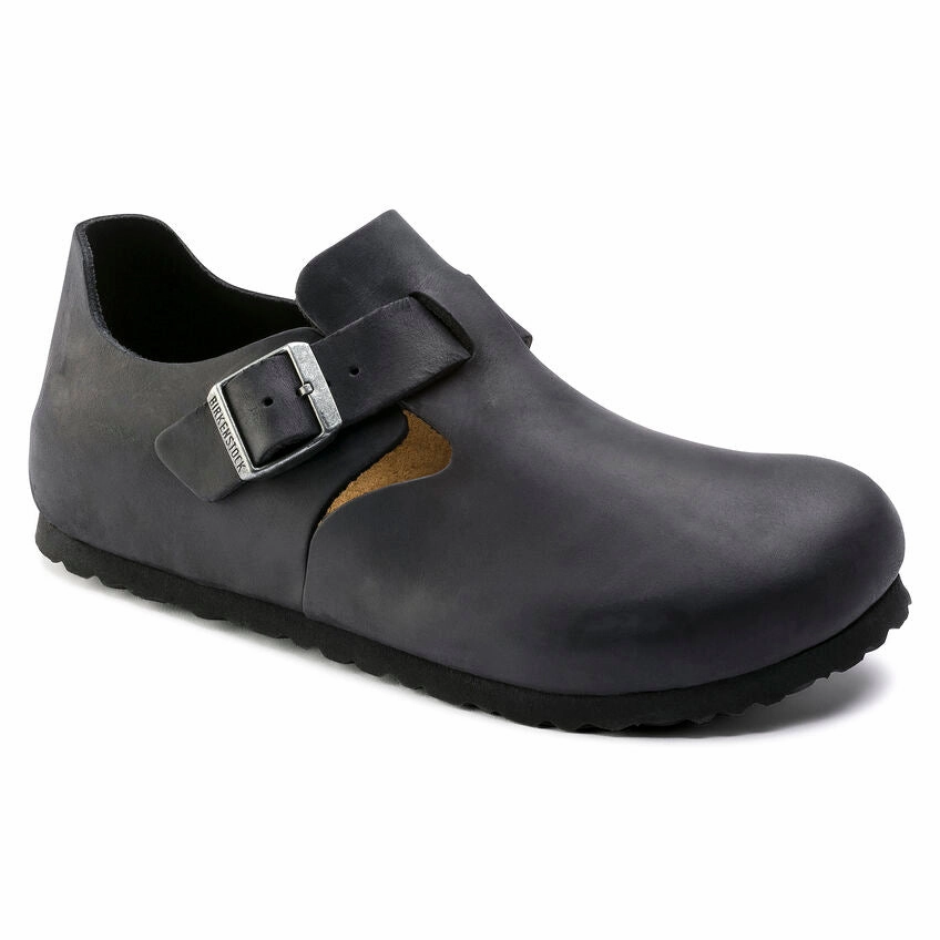 BIRKENSTOCK LONDON CLASSIC FOOTBED SHOE - BLACK OILED LEATHER Clogs Fuzzy