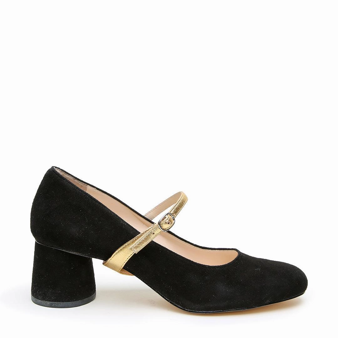 High Heel Platform Boots Black Suede Ballet Pump   Gold Twiggy Strap