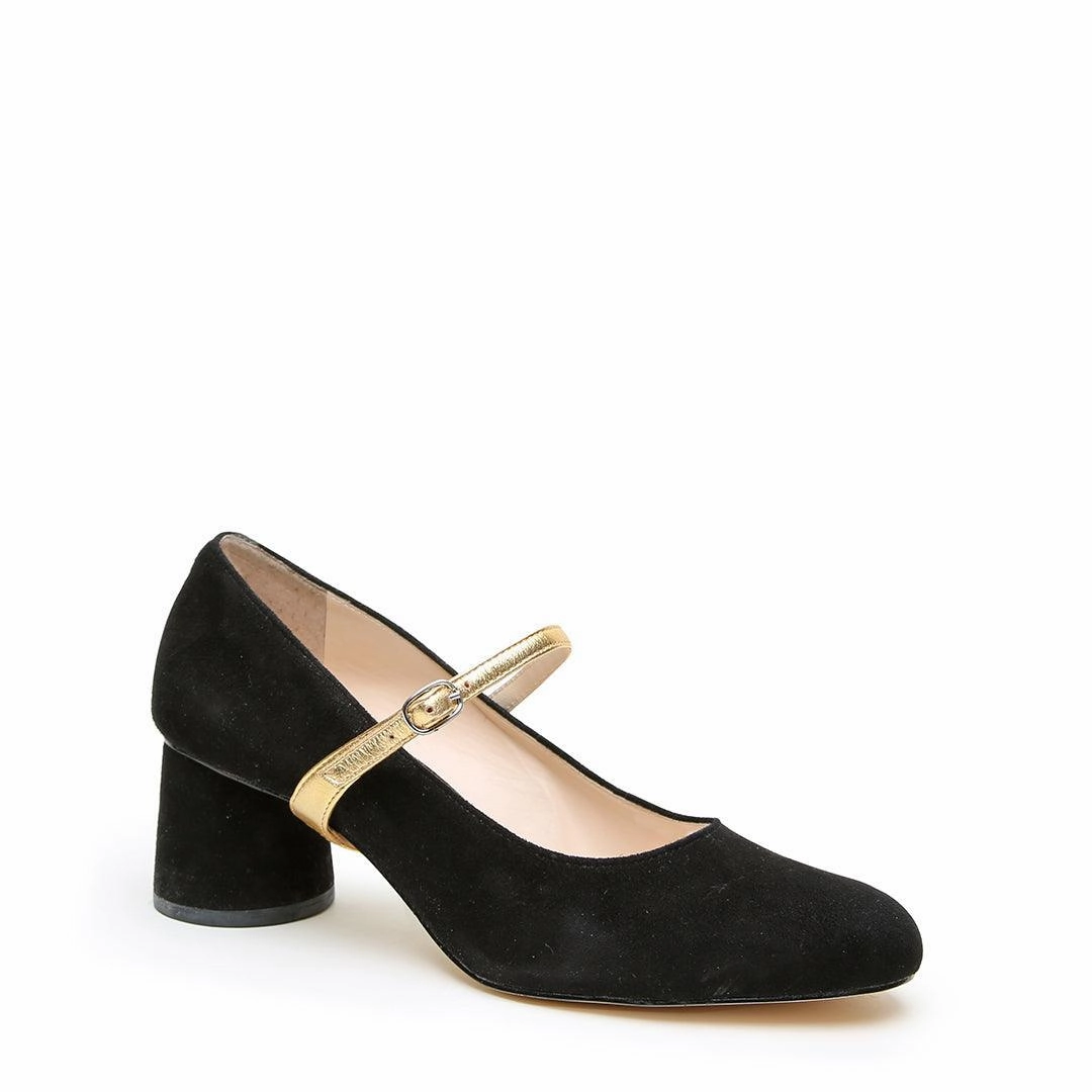 Black Suede Ballet Pump   Gold Twiggy Strap High Heels Sizes