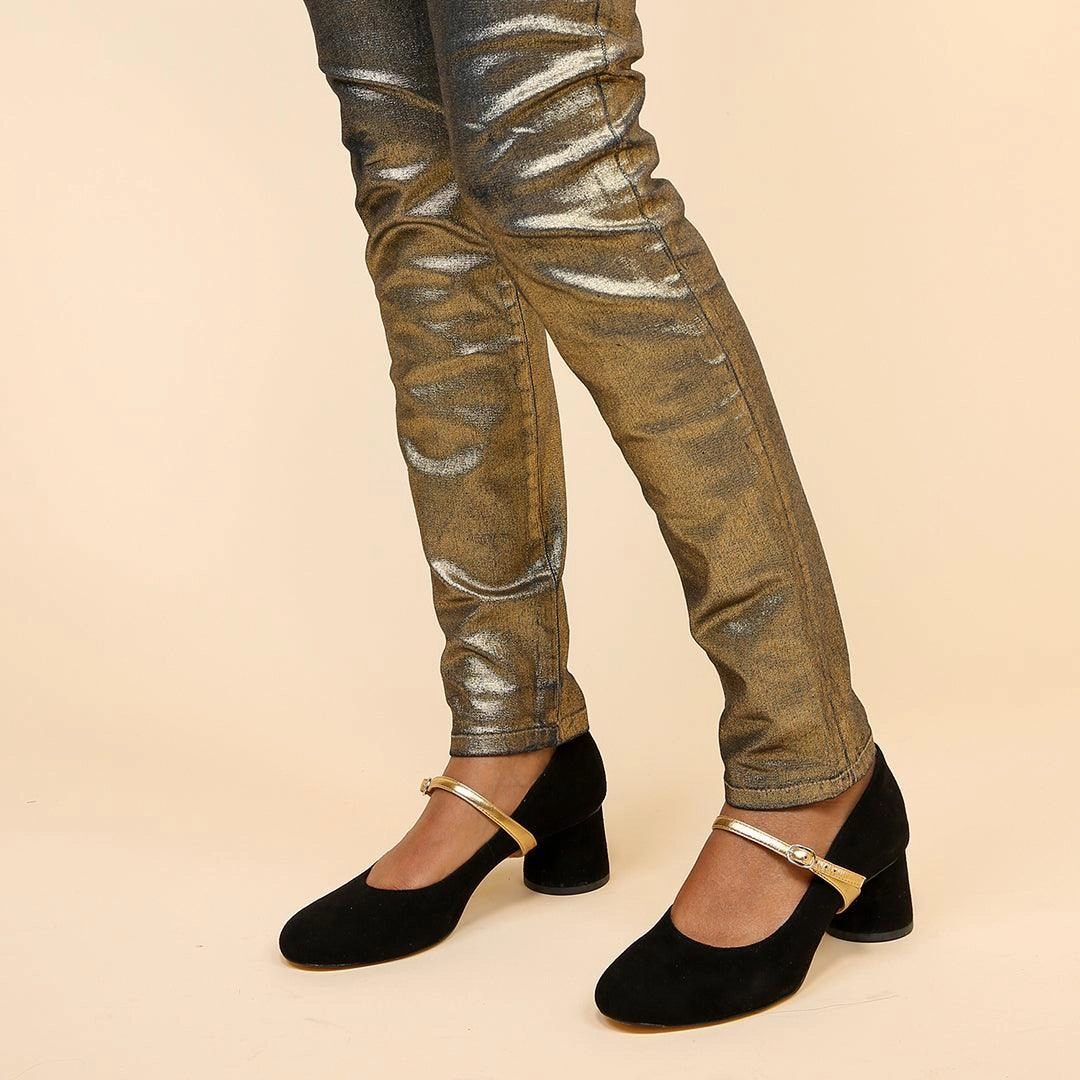 Sling Back High Heel Black Suede Ballet Pump   Gold Twiggy Strap