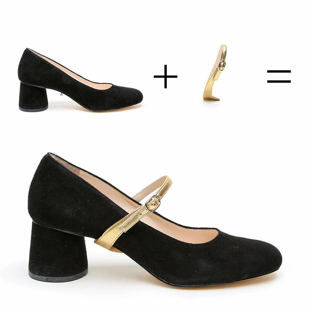 Black Suede Ballet Pump   Gold Twiggy Strap Summer High Heels Shoes