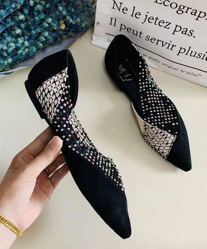 Black Suede Flat Feet Shoes Splicing Tulle Zircon AP1050 Casual Friday Shoes