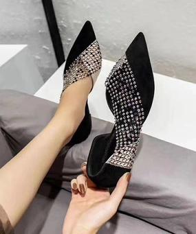 Best Casual Shoes With Shorts Black Suede Flat Feet Shoes Splicing Tulle Zircon AP1050