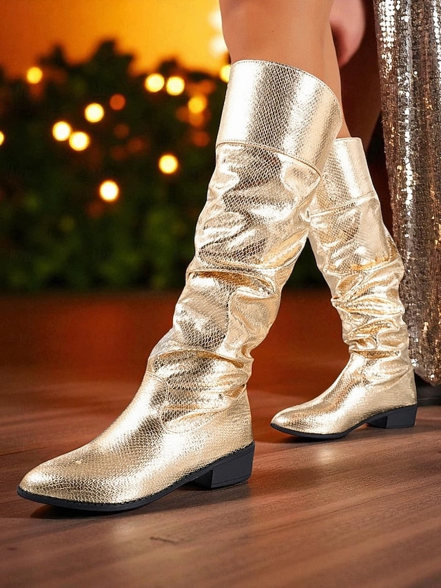 Boots Party Shiny Women's Knee High Slouch Metallic Gold - Tight Knee High Boots