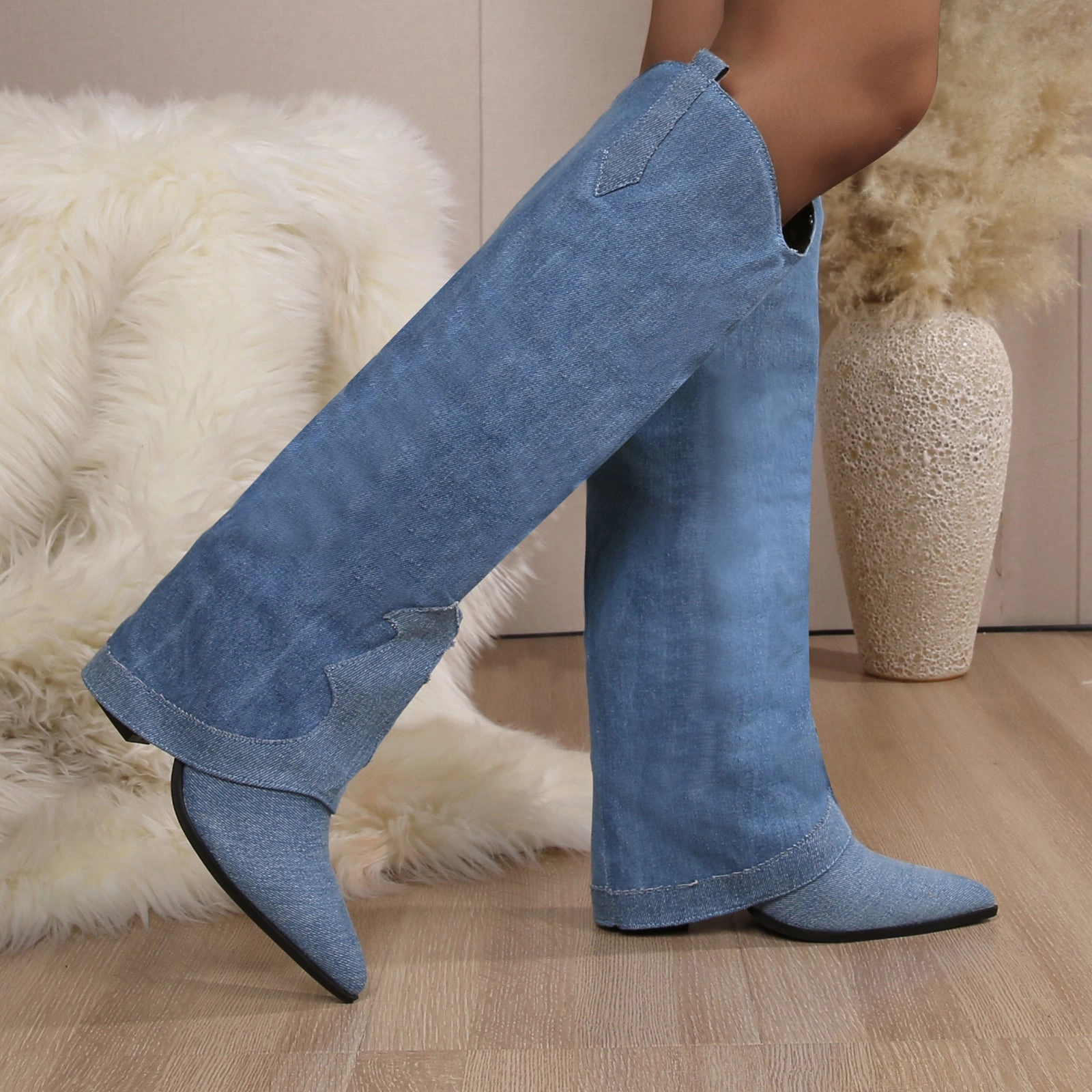 Brandy Denim Foldover Knee High Boots Knee High Boots For Short Ladies