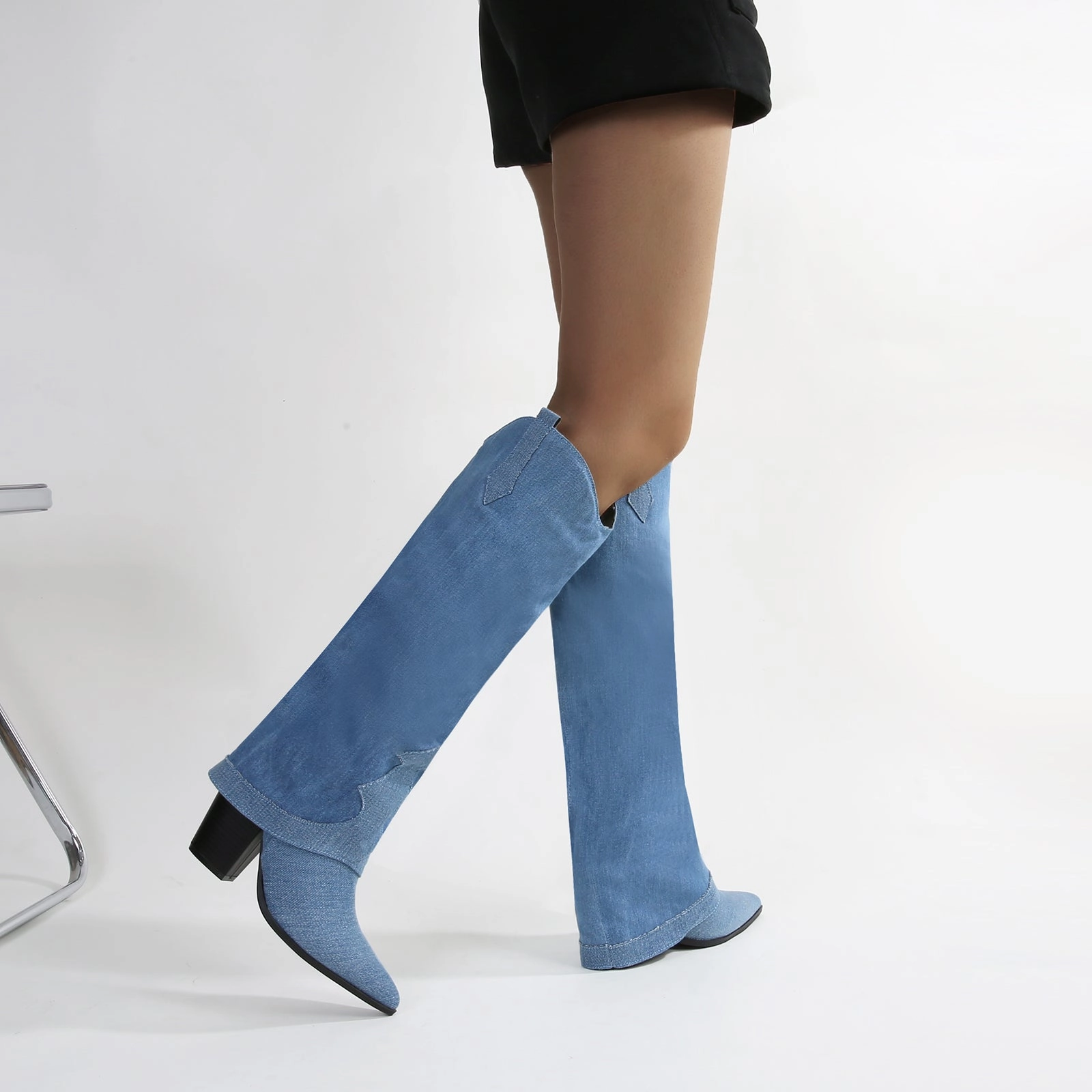 The Knee-high Banana Heel Boot Brandy Denim Foldover Knee High Boots