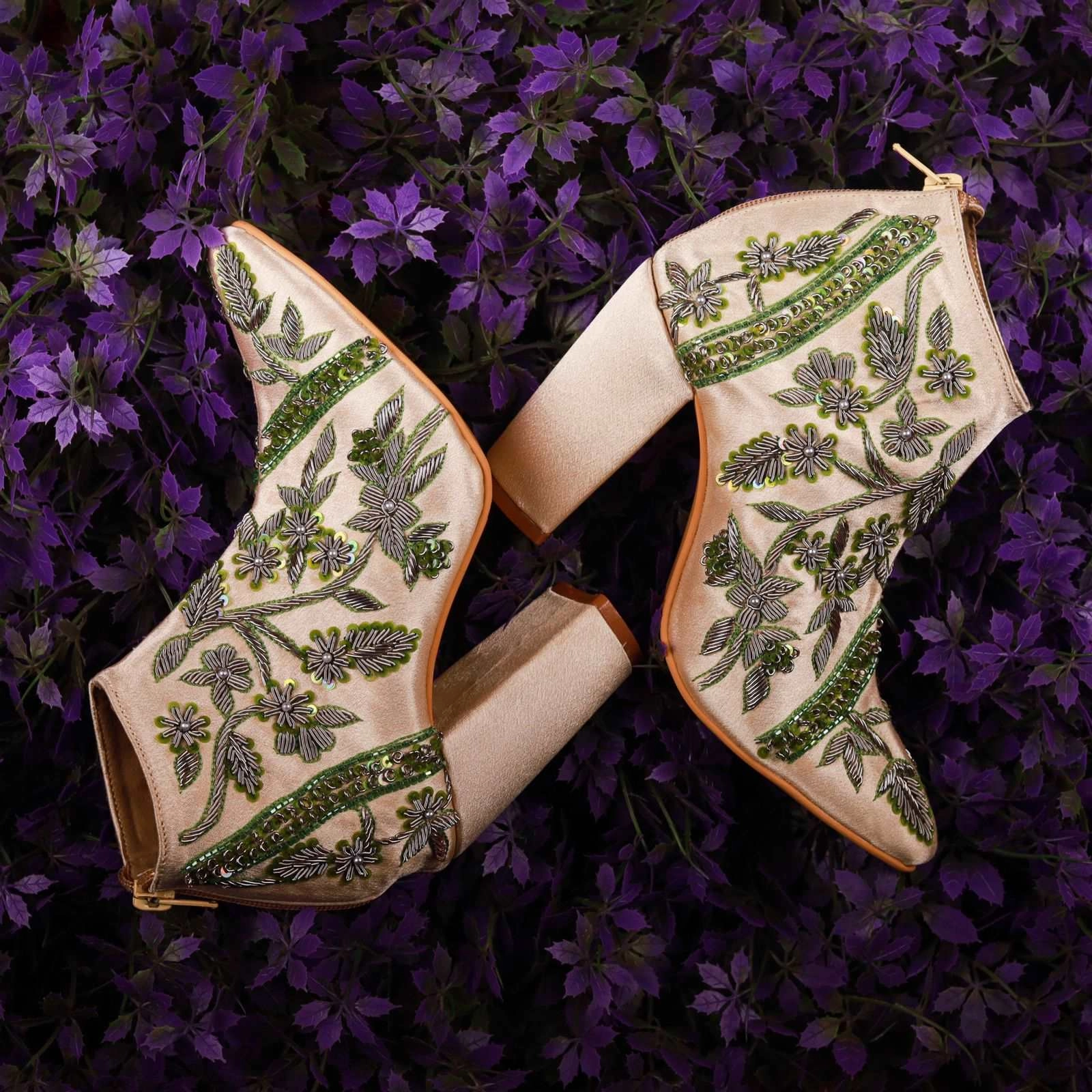 Buy Leather Casual Shoes Bridal Swag (boots Blocks beige Embroidery Bridal wedding Shoes )