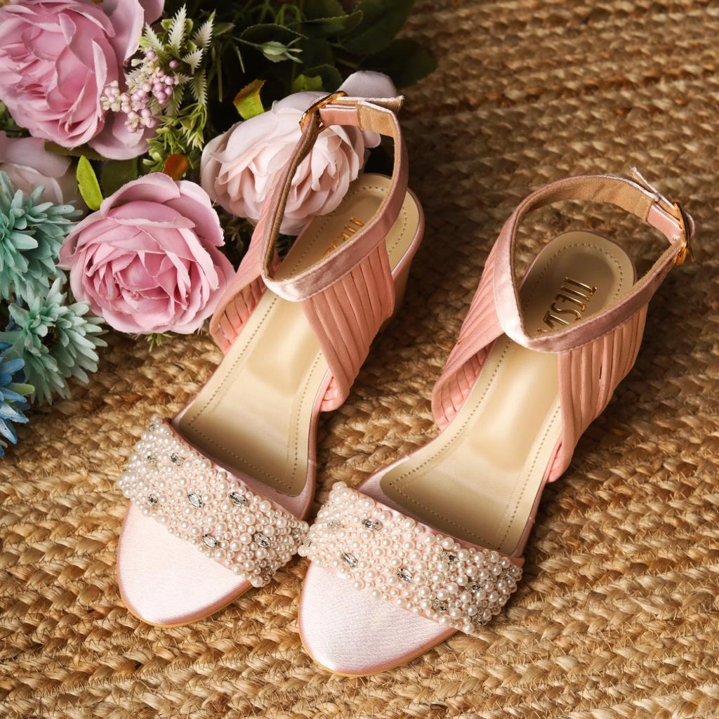 Christin (Pink Satin Pearl Stones Bridal Blocks Heels Customised) 80s Casual Shoes