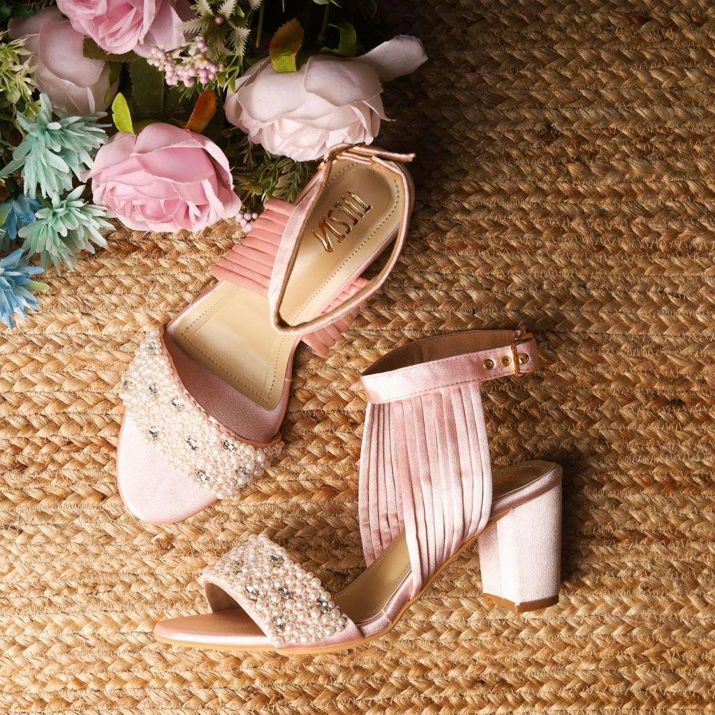 Christin (Pink Satin Pearl Stones Bridal Blocks Heels Customised) 4 E Wide Shoes Casual