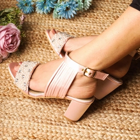 Christin (Pink Satin Pearl Stones Bridal Blocks Heels Customised) Business Casual Shoes For Walking All Day