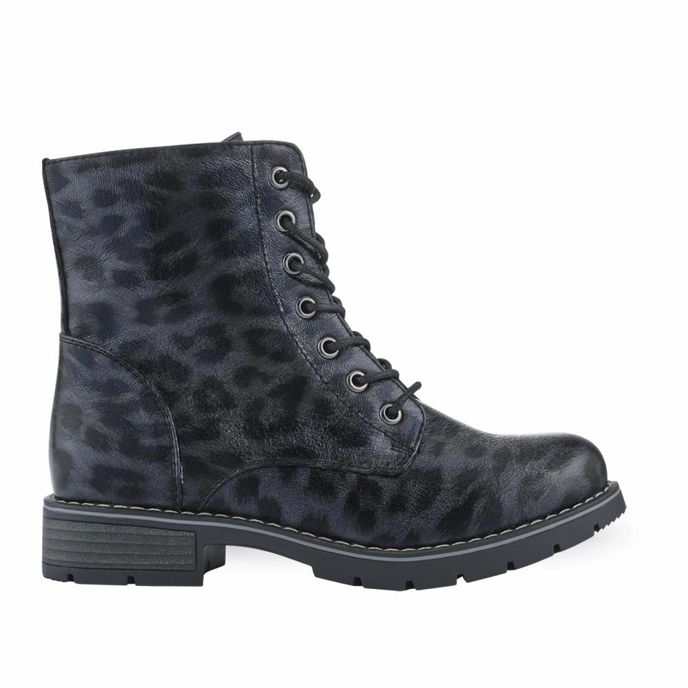 Combat Boots No Laces Chunky Lace-Up Ankle Boots - WBINS32015 / 318 884 - Black Leopard