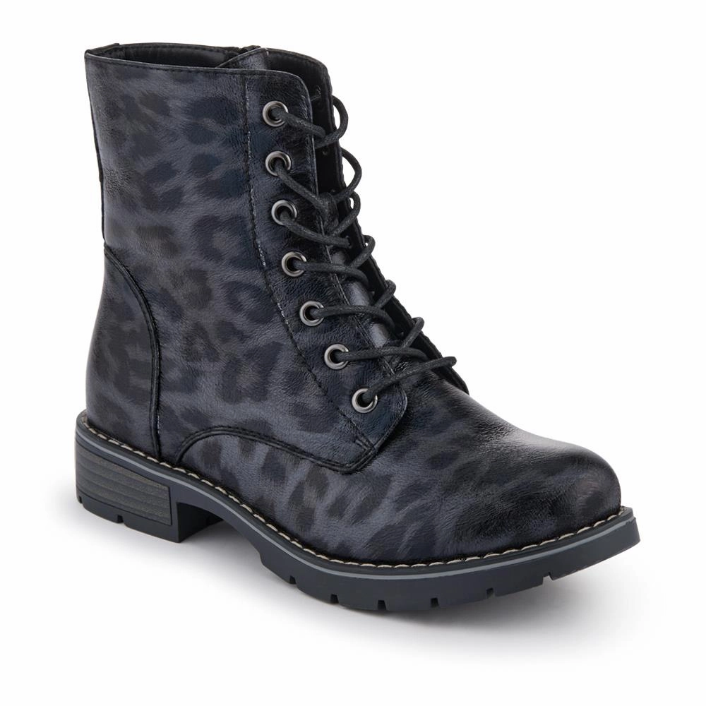 Combat Boots With Star On Bottom Chunky Lace-Up Ankle Boots - WBINS32015 / 318 884 - Black Leopard