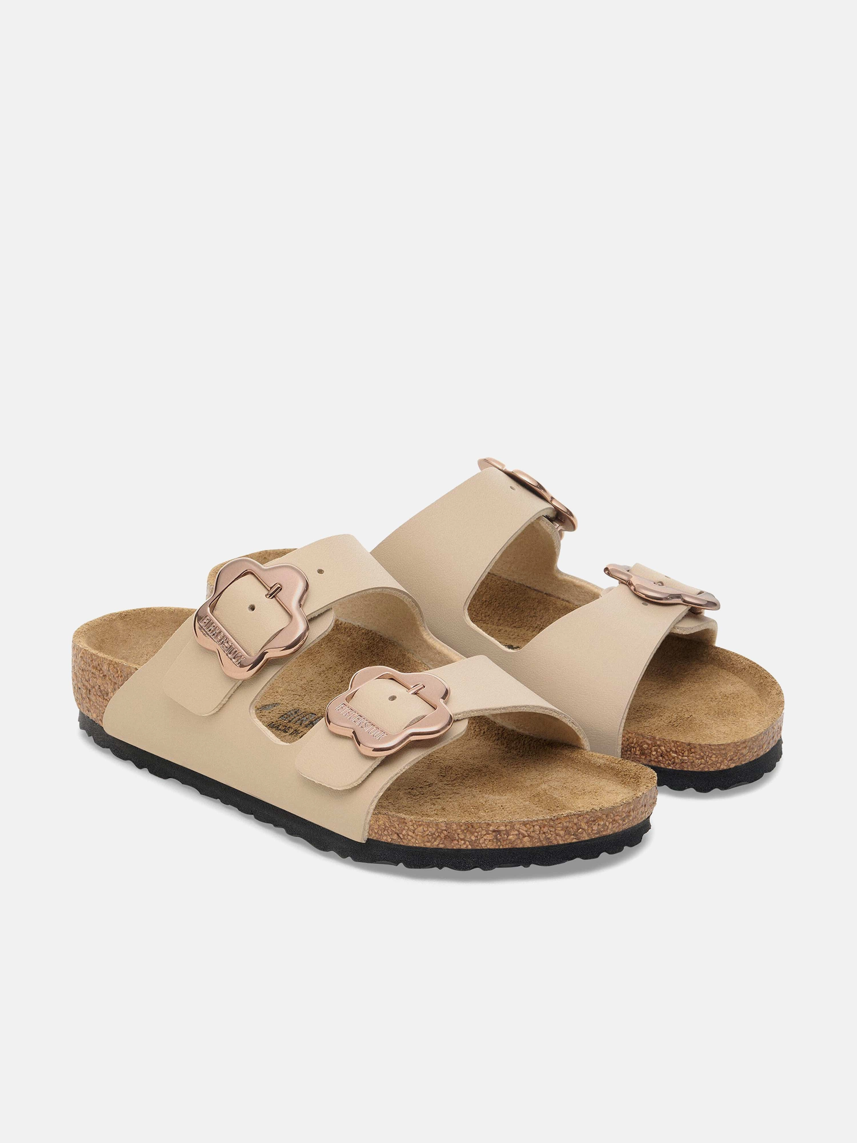 Shop BIRKENSTOCK Girls Arizona Flower Buckle Sandals in Beige