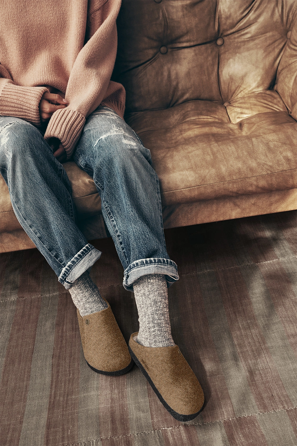 Clogs. Birkenstock Zermatt Wool Felt Shearling Slippers for Men in Toffee | 1027978