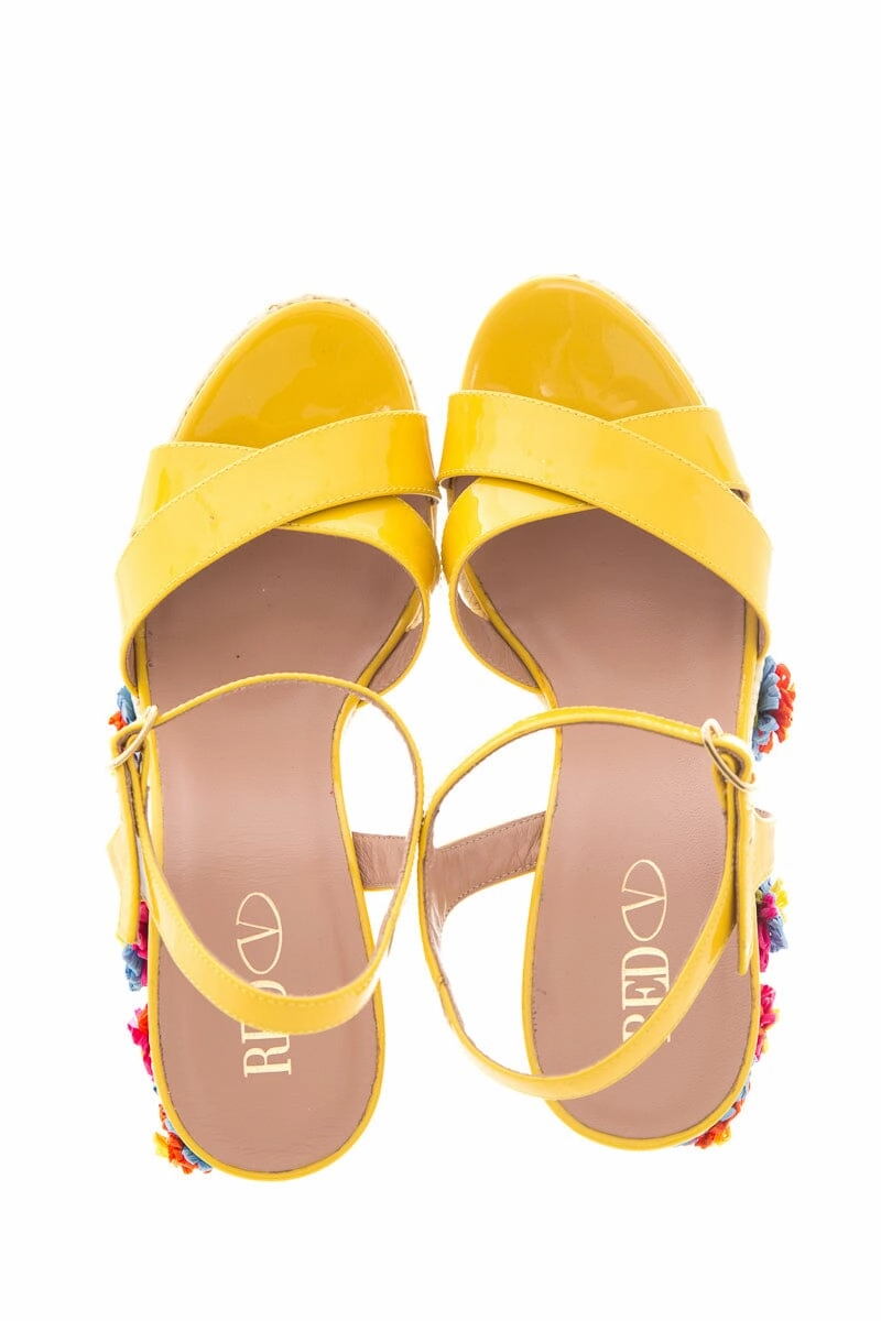 Sneaker Casual Shoes Red Valentino Yellow Patent Leather Jute Floral Wedge SZ 40