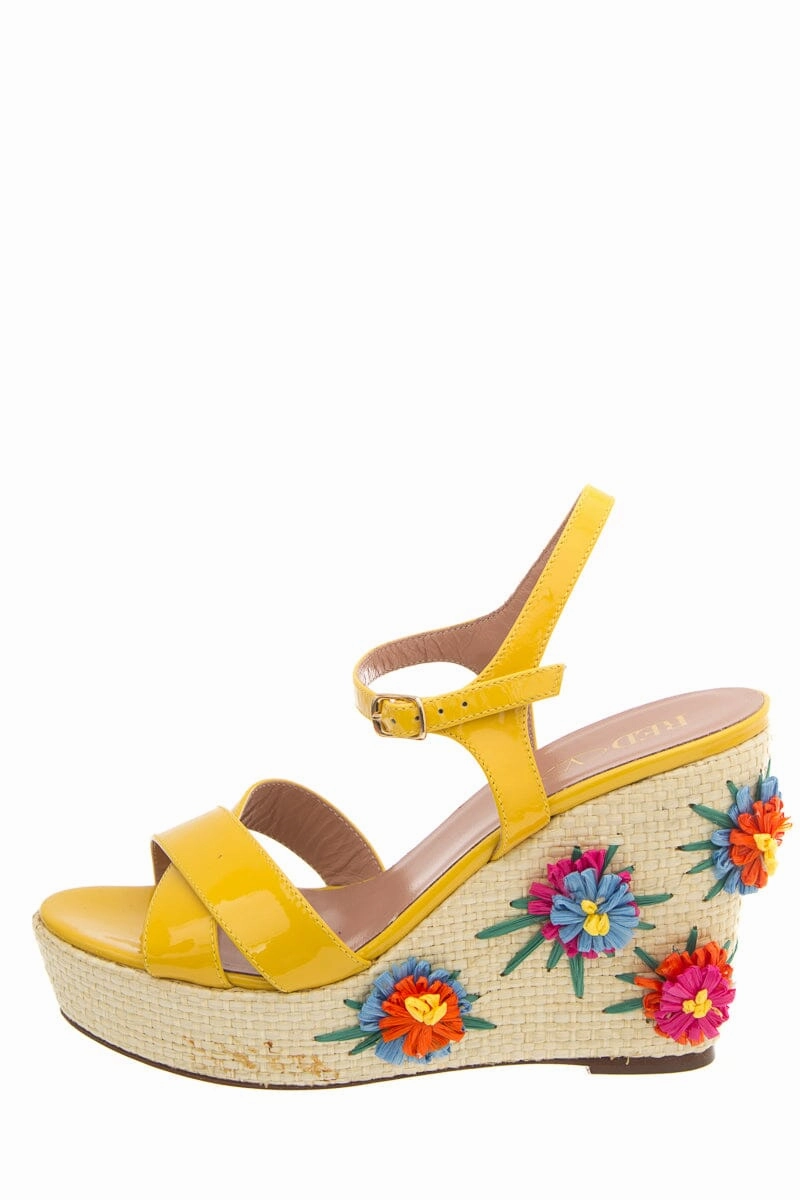 Gel-lyte Classic Casual Shoes Red Valentino Yellow Patent Leather Jute Floral Wedge SZ 40