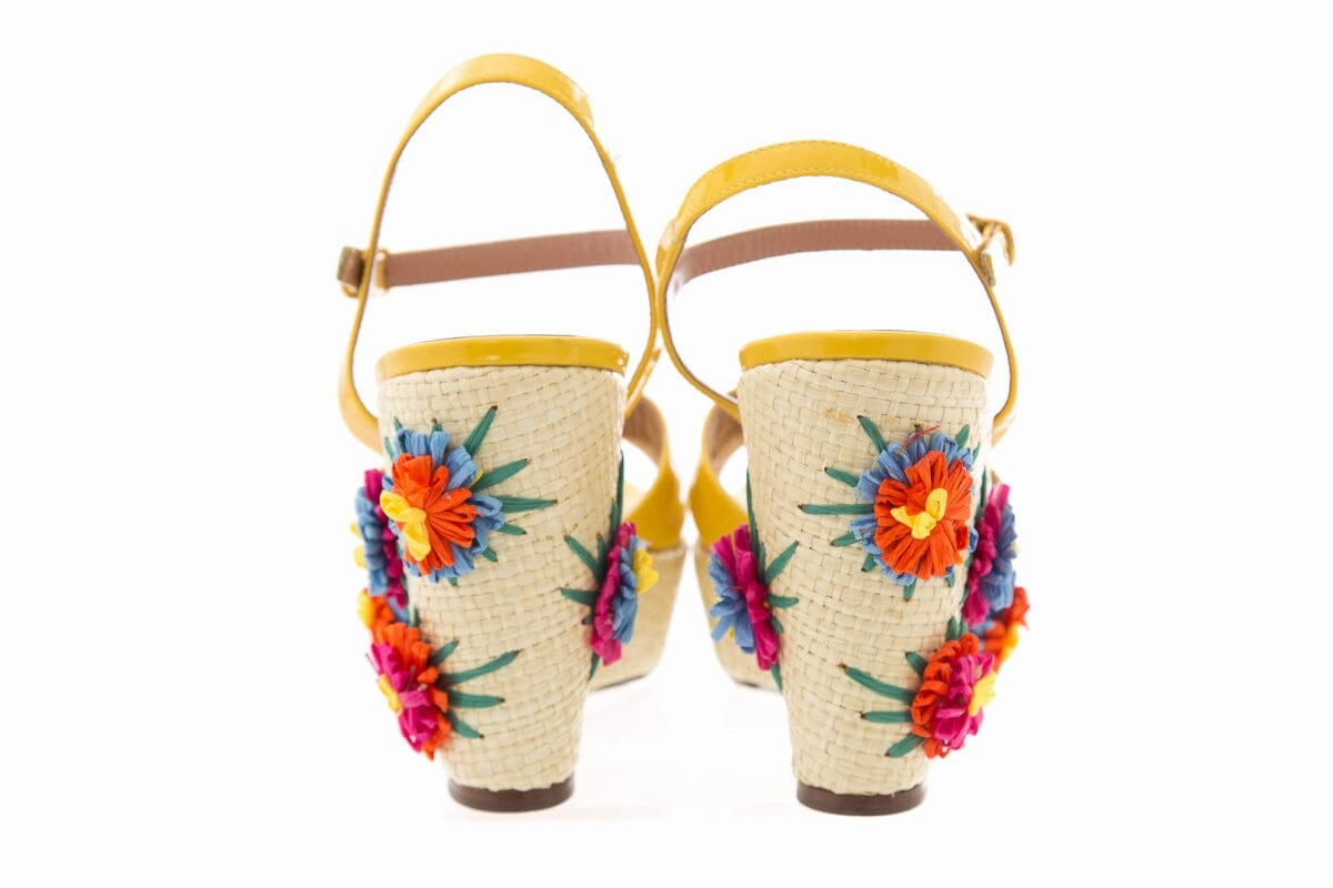 Basketball Shoes That Look Casual Red Valentino Yellow Patent Leather Jute Floral Wedge SZ 40