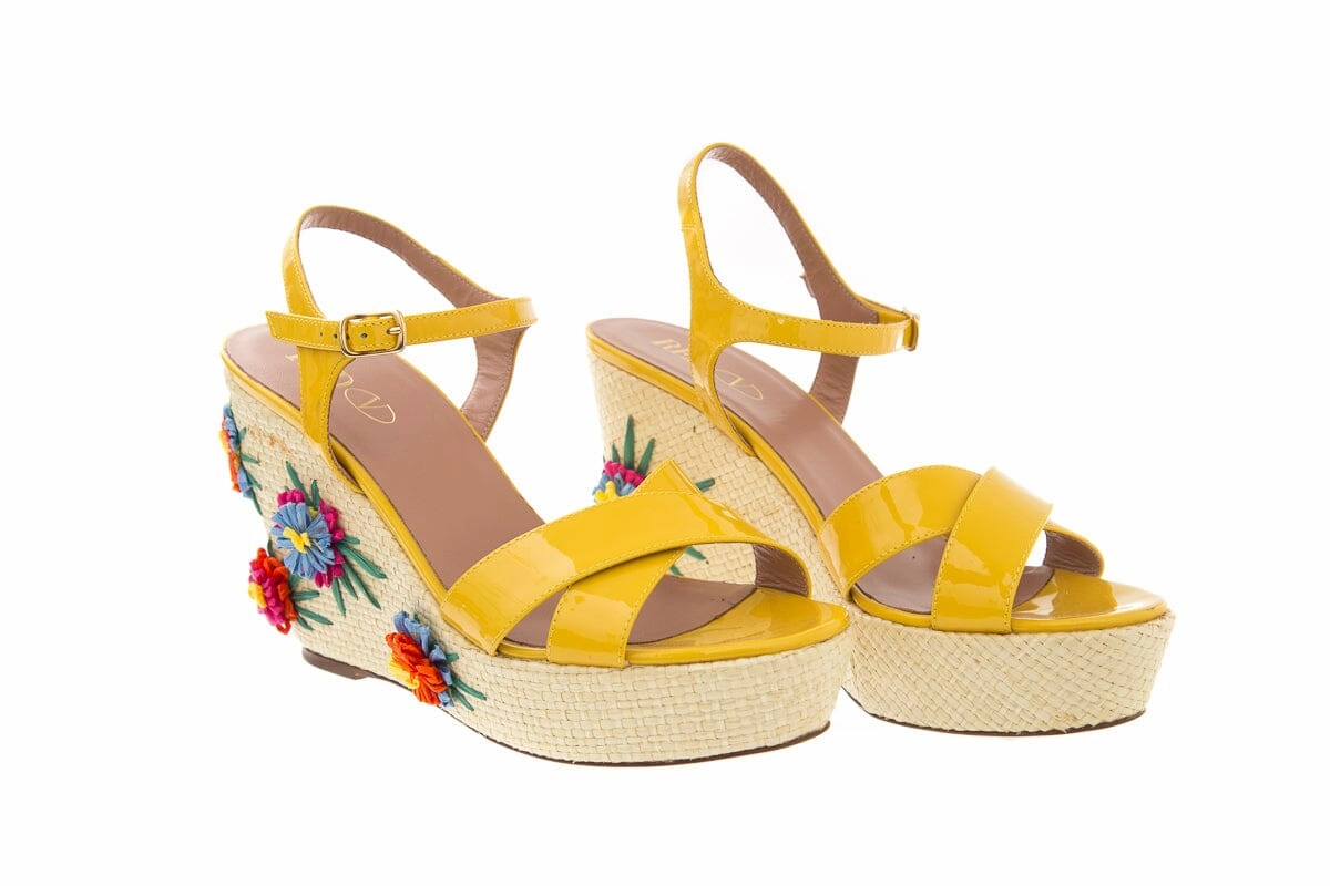 Ward Casual Shoes Red Valentino Yellow Patent Leather Jute Floral Wedge SZ 40