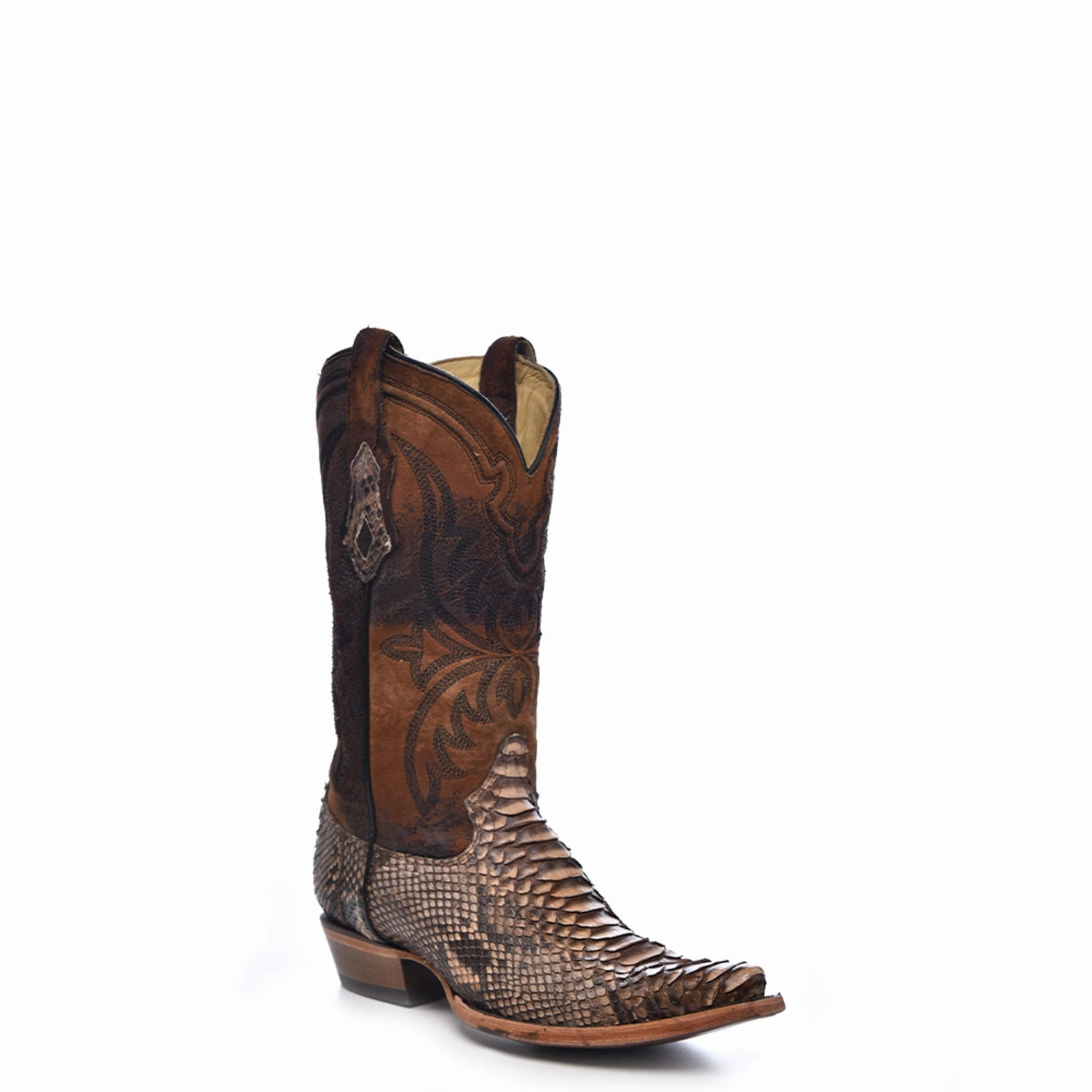 Corral Mens Embroidery Lamb Snip Toe Brown Python 12in Cowboy Boots Cowgirl Boots Short