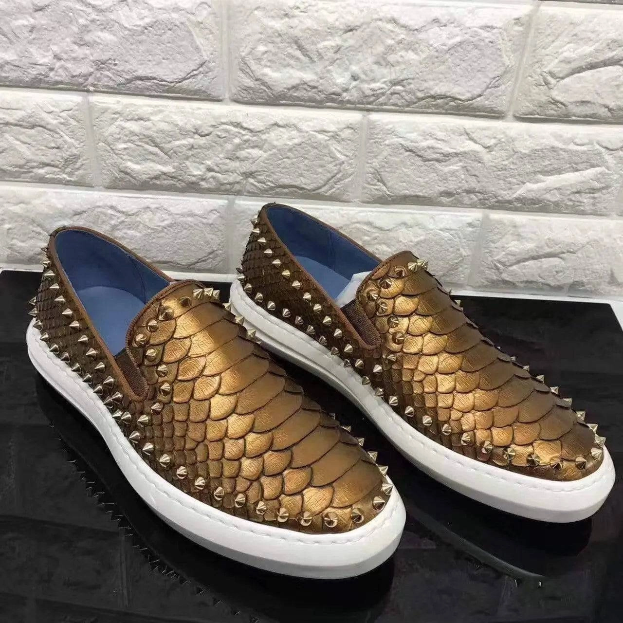 Crocodile Shoes Roller-Boat Spikes Genuine Python Leather Flat Sneakers For Men Flat Evening Shoes