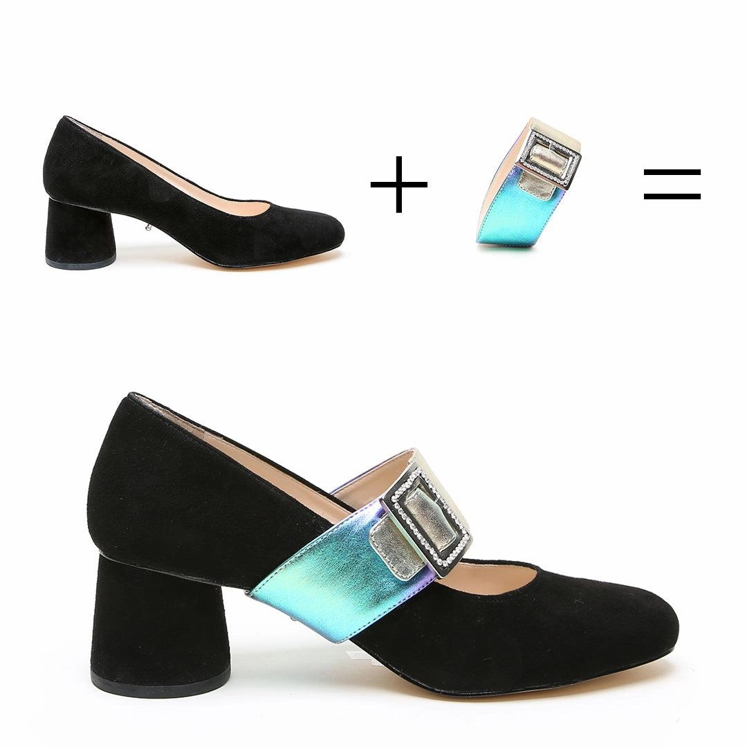 Black Suede Ballet Pump   Galaxy Grace Strap Daisy Duck High Heels