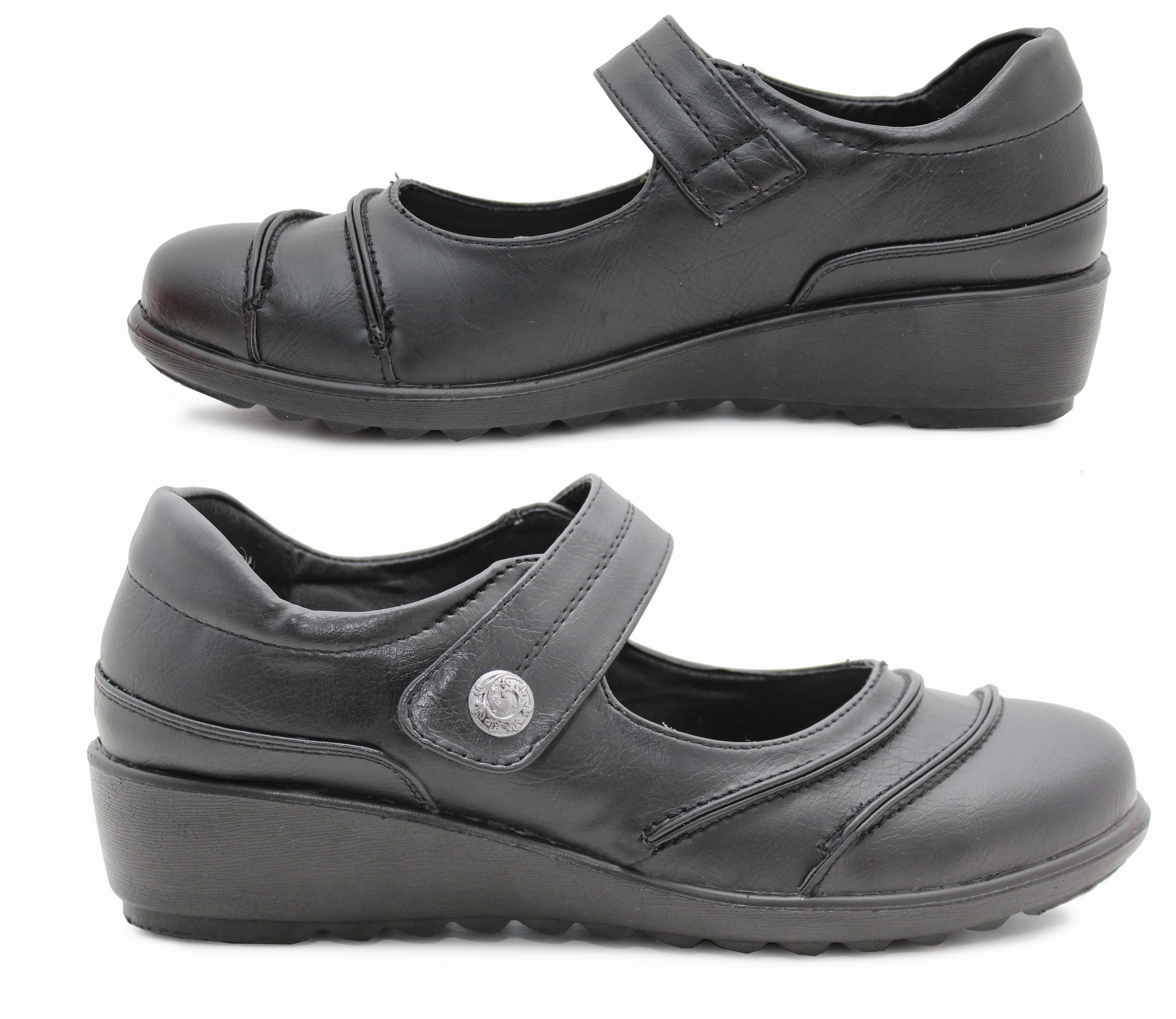 Water Resistant Casual Shoes ELINOR Cushion Walk Womens Touch Fasten Mary Jane Loafers Ladies Casual Smart Low Wedge Office Moccasin Pumps Shoes