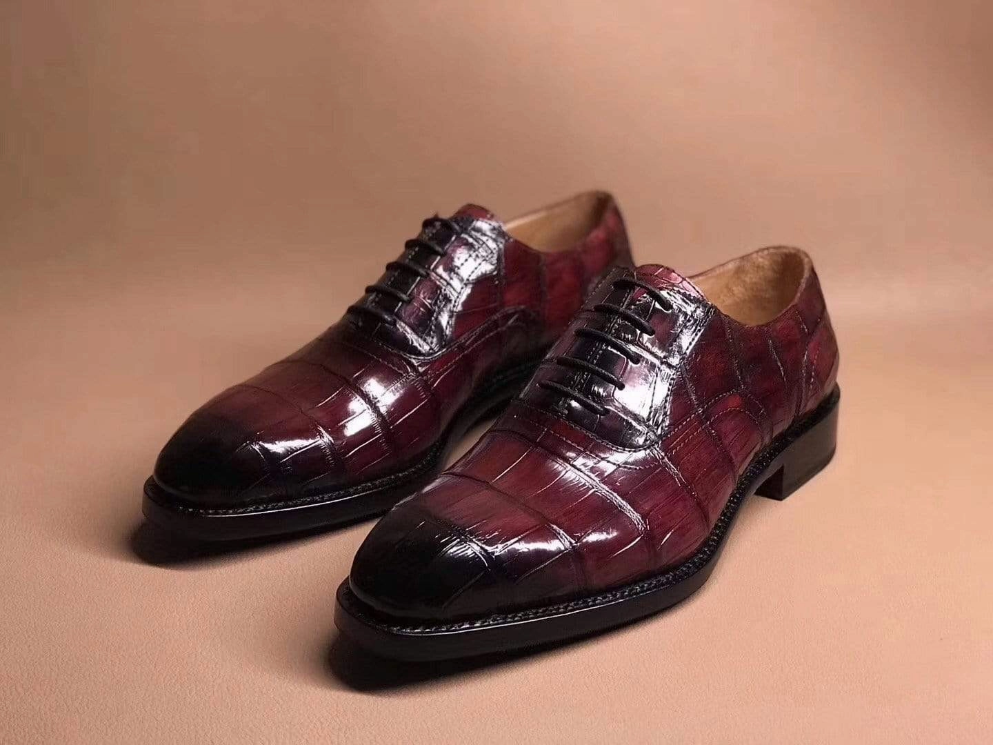 Casual Shoes With Velcro Straps Crocodile Shoes Wine Red Crocodile Leather Lace Up Shoes