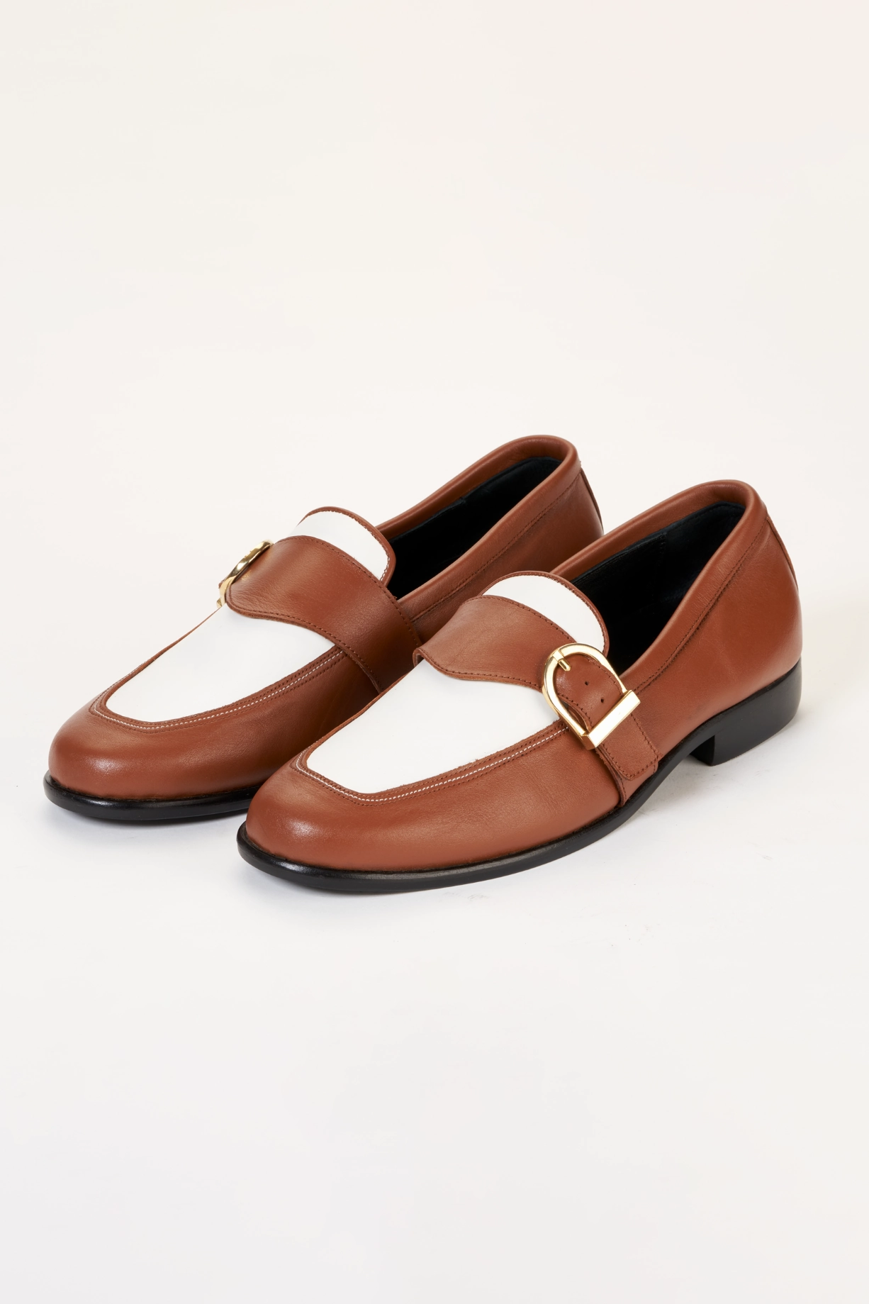 Ajadi Loafers in Brown and White Leather with Brown Strap Buckle Casual But Dressy Shoes