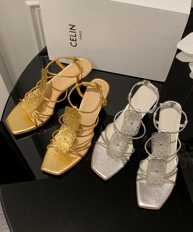 Wrap Up Sandals Gold Sandals High Heel Faux Leather Women Splicing Peep Toe LL005