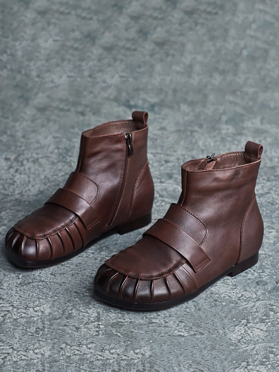 Kilt With Combat Boots Women Vintage Winter Genuine Leather Spliced Ankle Boots QU001