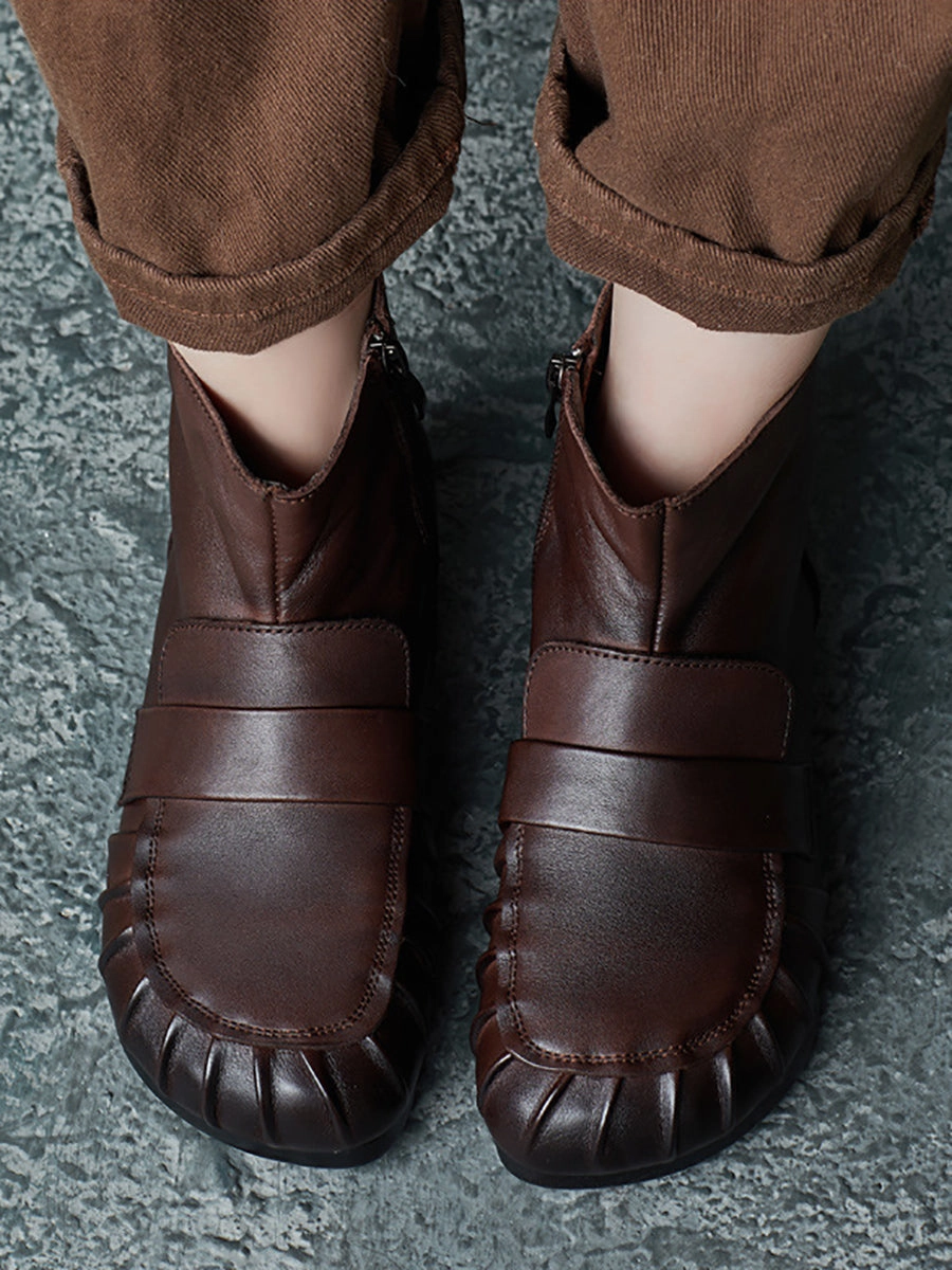 Louis Combat Boots Women Vintage Winter Genuine Leather Spliced Ankle Boots QU001