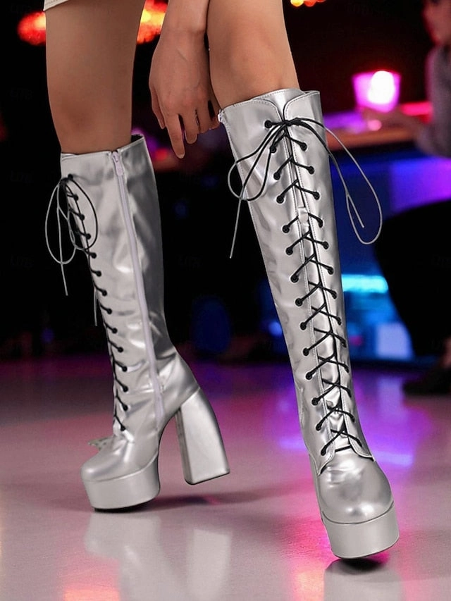 Platform Metallic High Knee Women's Silver Lace-Up - Boots