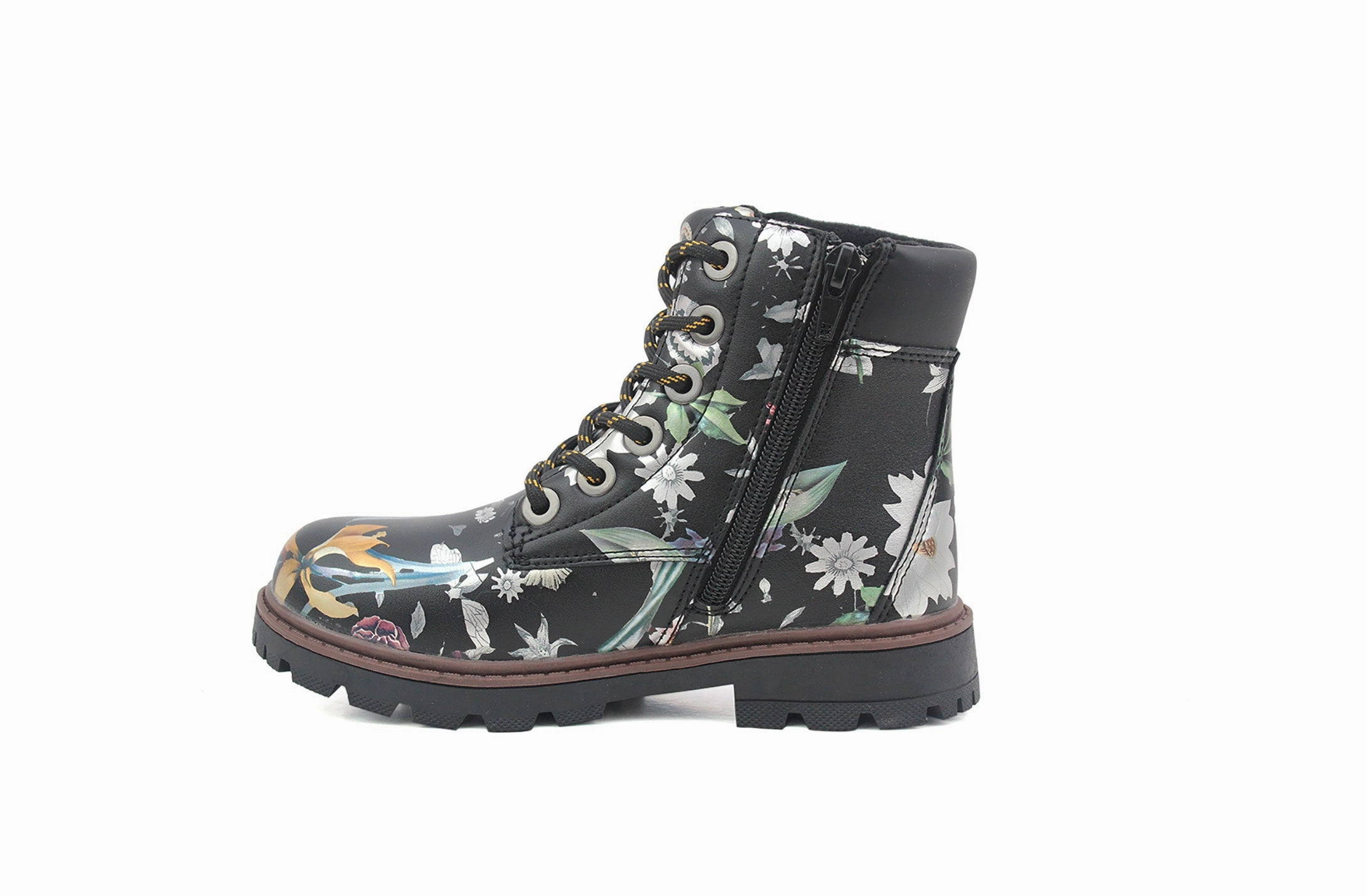 Mixed-media Combat Boot Girls Kids Metallic Floral Print Lace Up Size Zip Fashion Combat Boots UK 9 KIDS
