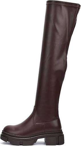 Tilda Quilted Leather Combat Boot Campi Knee High Chunky Lug Round Toe Boots (Campi)